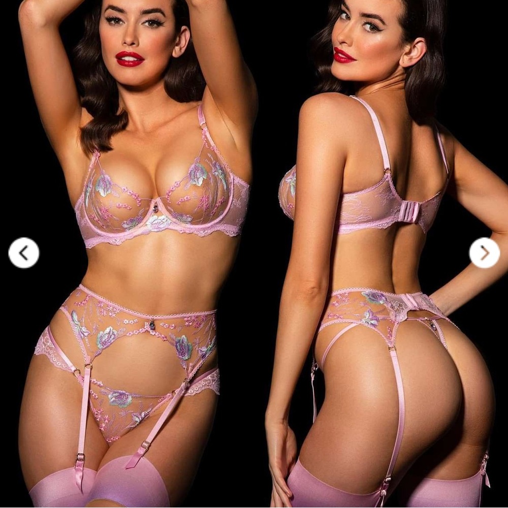 Limited Edition Honey Birdette pastel pink lace bra and garter set